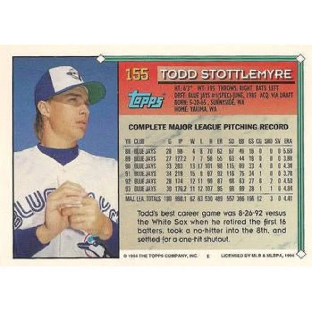 1994 Topps Todd Stottlemyre # 155 Toronto Blue Jays